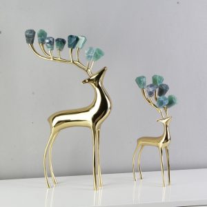 Cặp hươu tài lộc bằng đồng gắn đá thạch anh