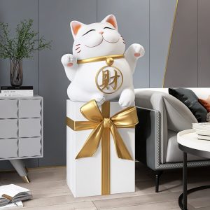 Mèo may mắn để sàn trang trí phòng khách Kích thước: + Nhỏ: Cao 32cm + Lớn: Cao 85cm Chất liệu: FRP Phong cách: tối giản hiện đại