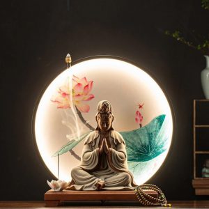 Thác khói trầm hương đèn Led kết hợp tượng Quan Âm