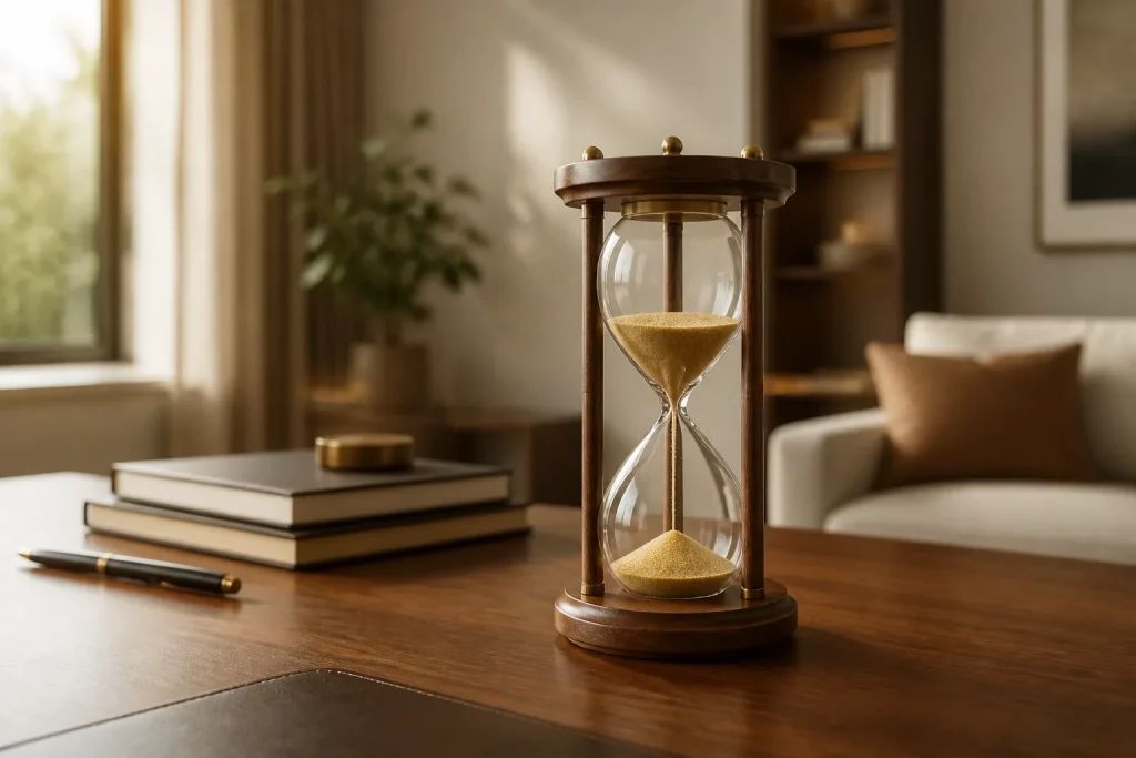 Đồng hồ cát để bàn khung gỗ trong không gian làm việc sang trọng