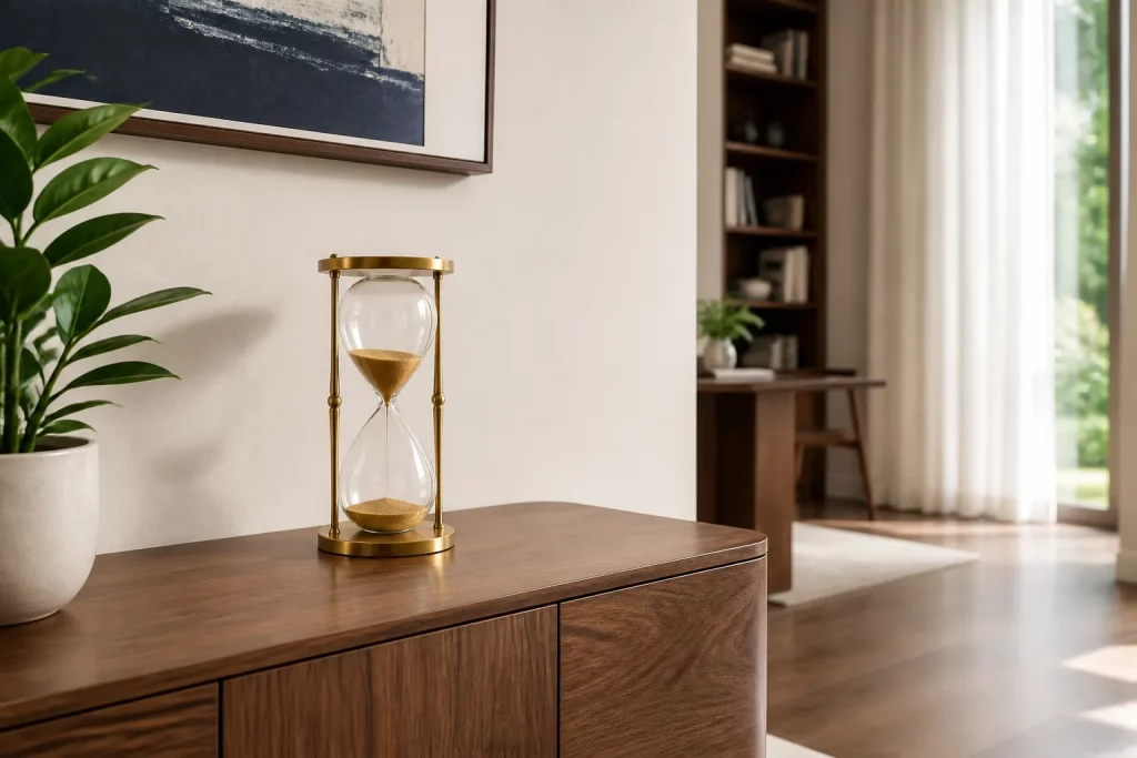 Đồng hồ cát đặt trên tủ gỗ trong không gian sáng và cân bằng