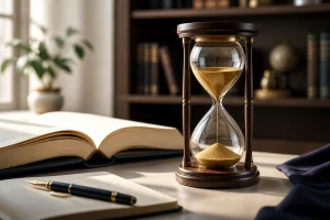 Đồng hồ cát 30 phút bên sách và sổ tay trên bàn làm việc