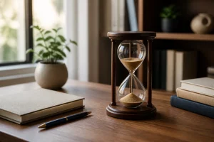 Đồng hồ cát gỗ trên bàn làm việc giúp tạo nhịp tập trung