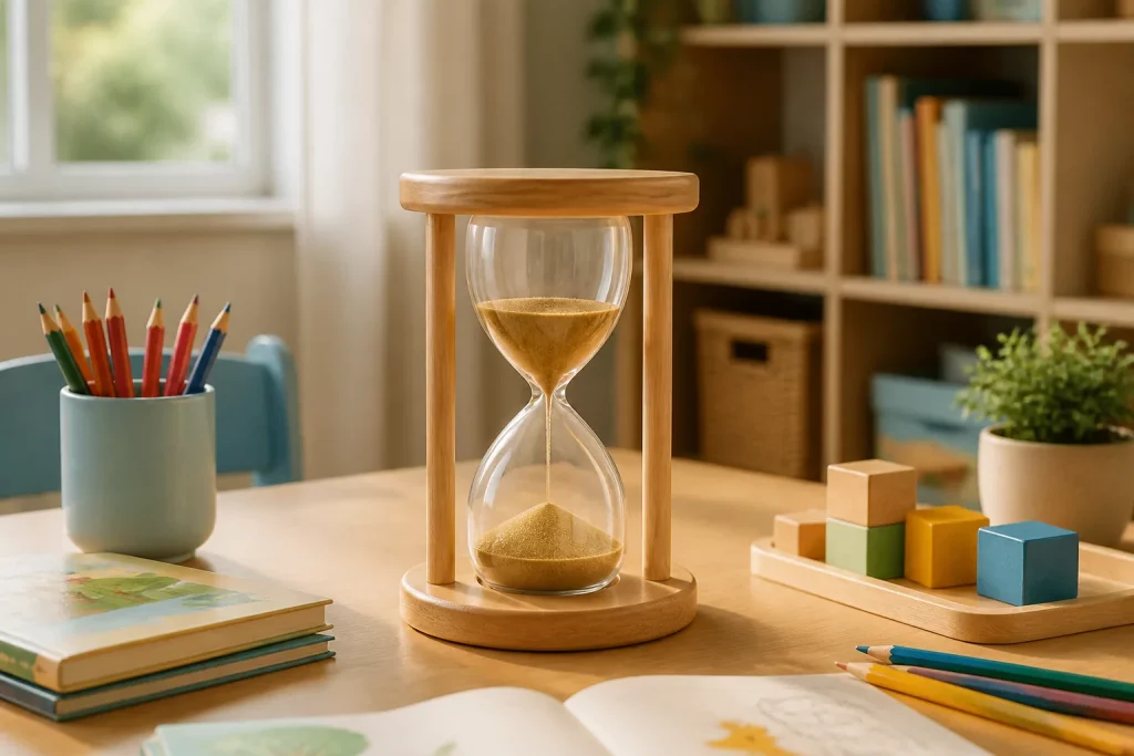 Đồng hồ cát khung gỗ trên bàn học dành cho hoạt động có giám sát