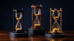 Ba mẫu đồng hồ cát khung đen, gỗ và vàng đồng ở các phân khúc thiết kế