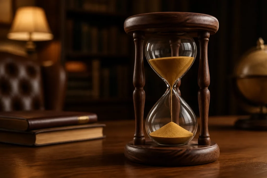 Đồng hồ cát gỗ óc chó với cát vàng trong phòng đọc
