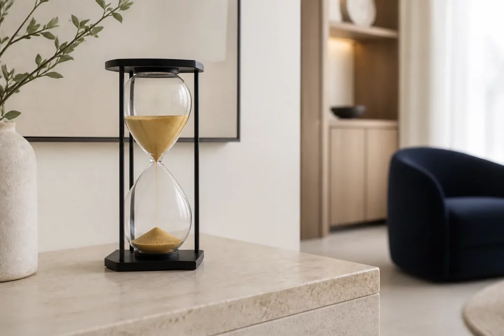 Đồng hồ cát hiện đại khung đen trên bàn đá trong phòng khách tối giản
