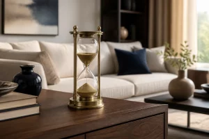 Đồng hồ cát đặt hài hòa trên tủ gỗ trong phòng khách