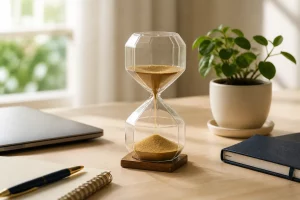 Đồng hồ cát dùng cho phiên Pomodoro trên bàn làm việc