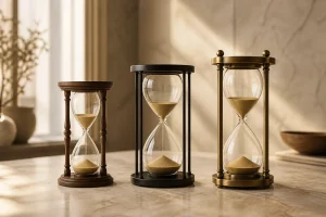 Ba mẫu đồng hồ cát bằng gỗ, kim loại đen và đồng thau