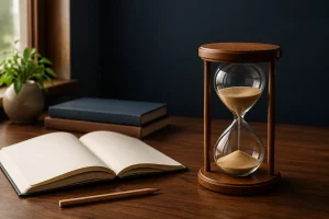 Minh họa đồng hồ cát khung gỗ bên sổ học tập trên bàn