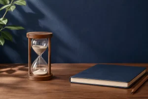 Minh họa đồng hồ cát khung gỗ với cát sáng màu bên sổ và bút trên bàn