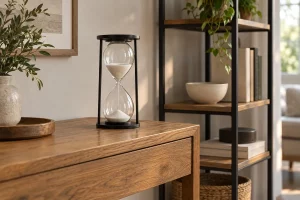 Đồng hồ cát khung kim loại đen, cát ngà trên bàn gỗ cạnh kệ khung đen có mặt gỗ