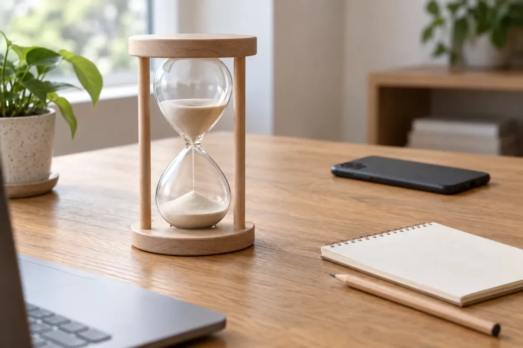 Đồng hồ cát khung gỗ sáng màu trên bàn làm việc cạnh sổ trắng, bút chì và điện thoại đặt úp
