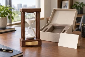 Đồng hồ cát khung gỗ có bảng tên trống bên hộp quà mở và thiệp trắng trên bàn làm việc