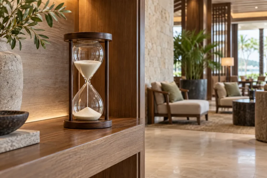 Đồng hồ cát khung gỗ màu nâu với cát màu ngà trên bàn console trong sảnh khách sạn