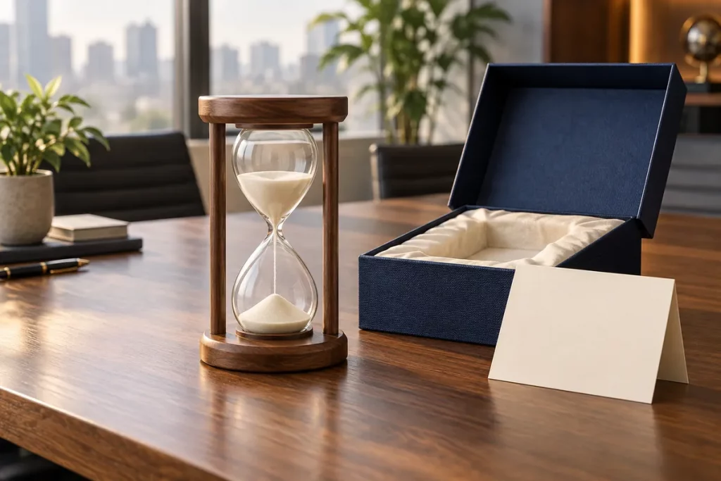 Đồng hồ cát khung gỗ bên hộp quà xanh đậm mở nắp và thiệp trắng trên bàn họp văn phòng