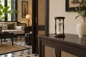 Đồng hồ cát khung gỗ nâu, cát trắng ngà trên tủ gỗ mây đan trong phòng khách Indochine tông kem
