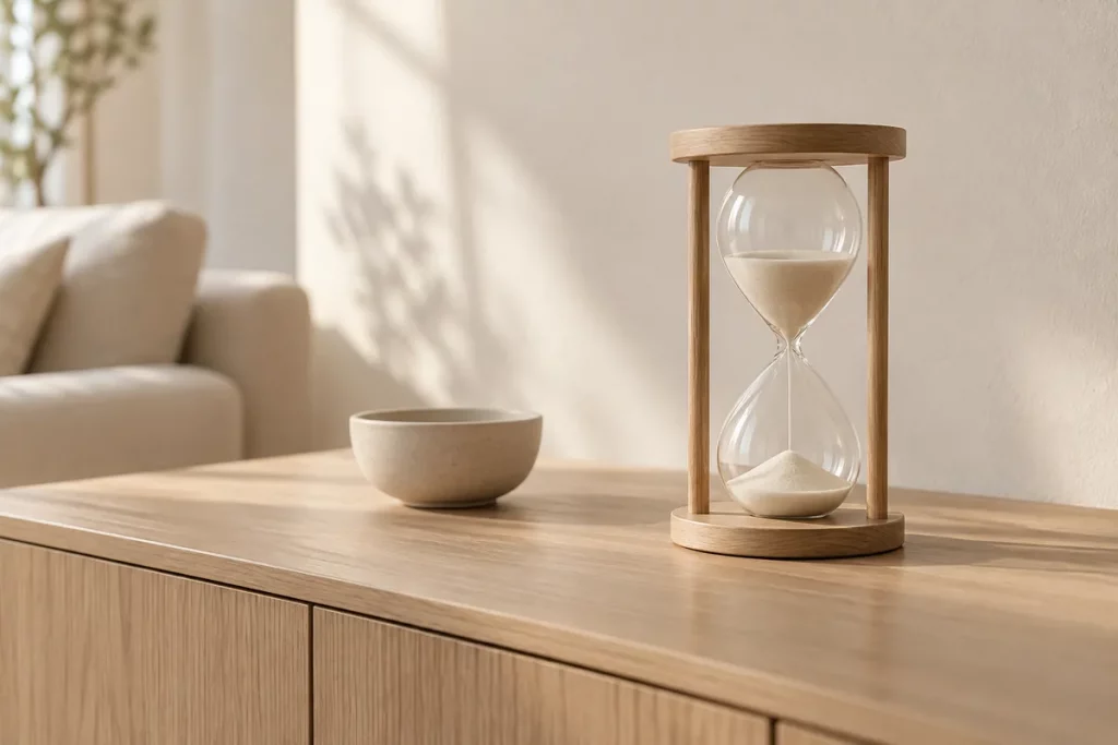 Đồng hồ cát khung gỗ sáng, cát ngà trên tủ gỗ cạnh bát gốm thấp trong phòng khách tối giản tông kem