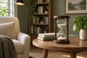 Đồng hồ cát khung gỗ nâu trên bàn cạnh ghế đọc màu kem, sách và đèn trong phòng có tường xanh trầm