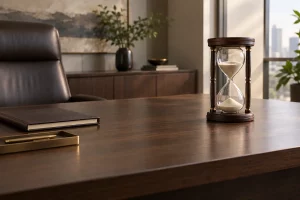 Đồng hồ cát khung gỗ nâu, cát trắng ngà trên bàn gỗ trong phòng làm việc lãnh đạo, cạnh sổ và khay bút
