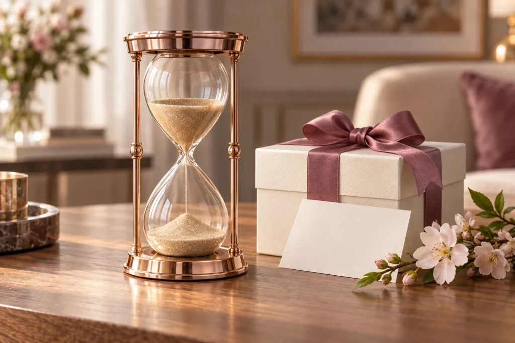 Đồng hồ cát rose gold bên hộp quà ngày 20/10
