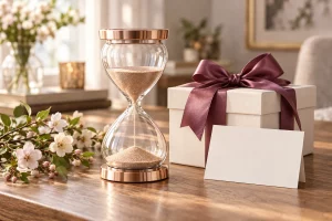 Đồng hồ cát rose gold bên hộp quà 8/3