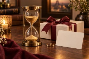 Đồng hồ cát bằng đồng bên hộp quà kỷ niệm tình yêu