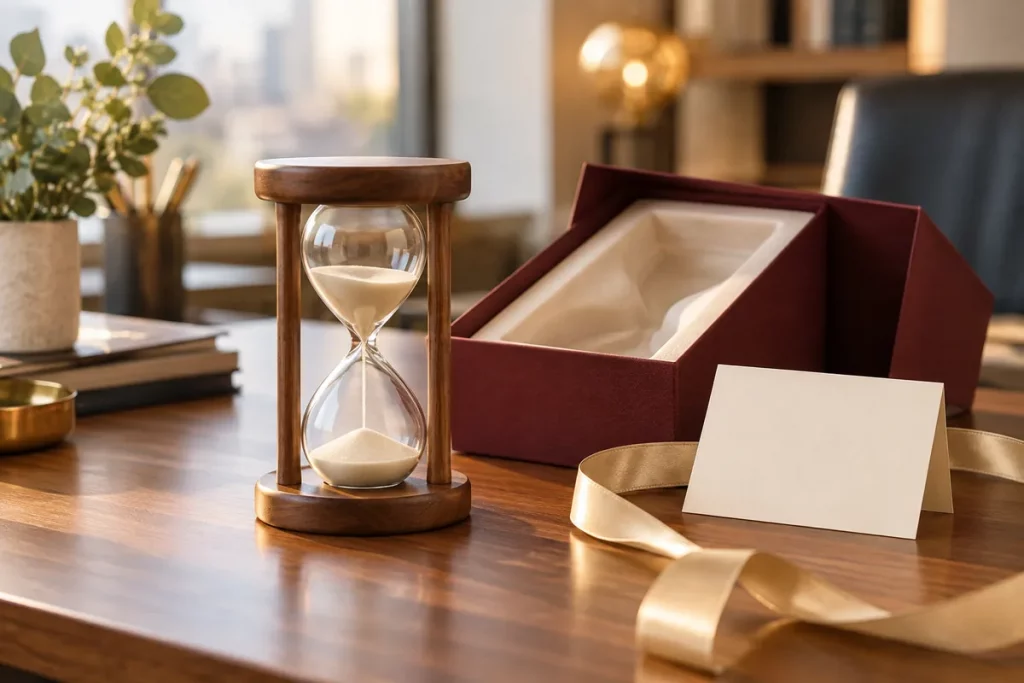 Đồng hồ cát khung gỗ bên hộp quà đỏ sẫm lót kem, thiệp trắng và ruy băng vàng nhạt trên bàn làm việc