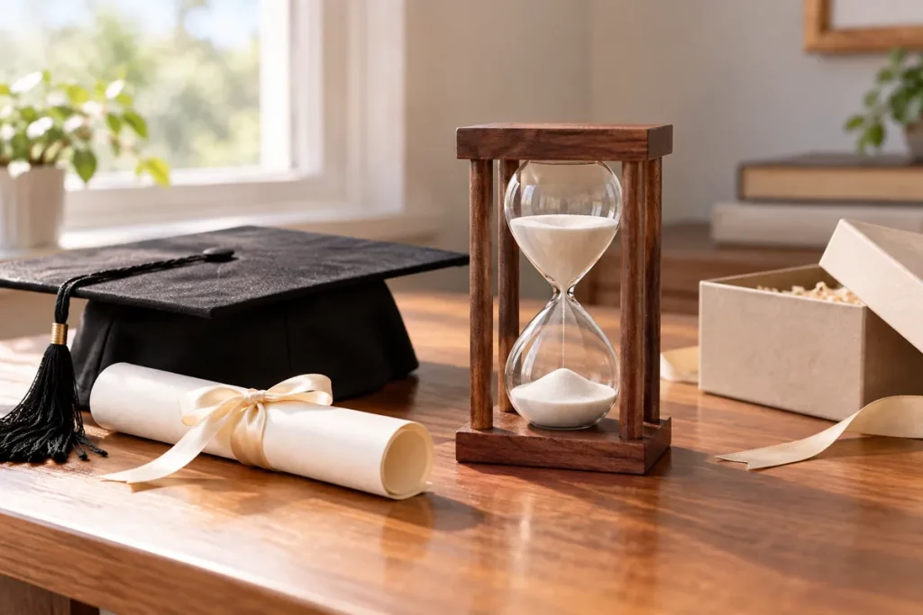 Đồng hồ cát khung gỗ bên mũ tốt nghiệp, cuộn giấy và hộp quà
