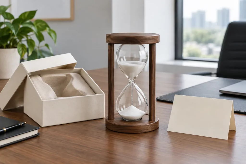 Đồng hồ cát khung gỗ màu nâu bên hộp quà và thiệp trống trên bàn làm việc