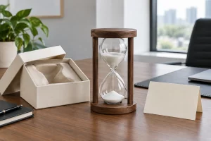 Đồng hồ cát khung gỗ màu nâu bên hộp quà và thiệp trống trên bàn làm việc