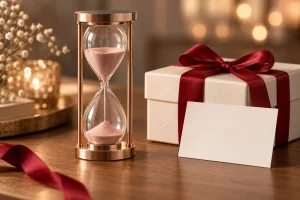 Đồng hồ cát rose gold bên hộp quà Valentine