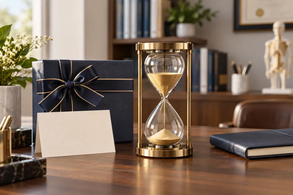 Đồng hồ cát bằng đồng bên hộp quà tặng bác sĩ