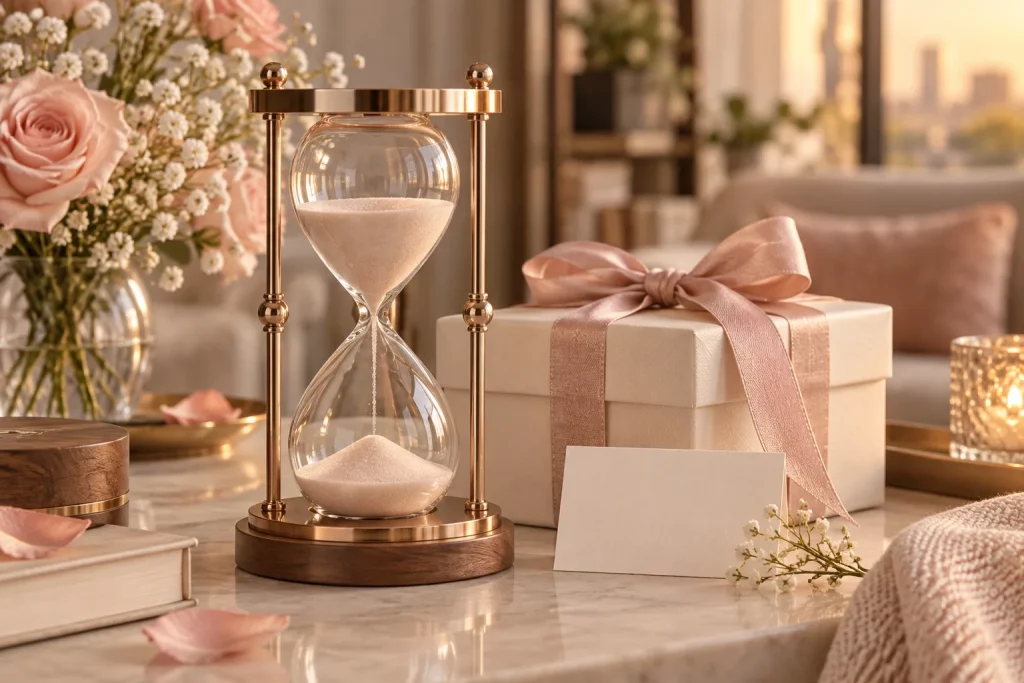 Đồng hồ cát rose gold bên hộp quà tặng bạn gái