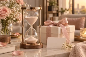 Đồng hồ cát rose gold bên hộp quà tặng bạn gái
