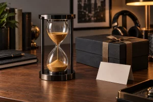 Đồng hồ cát khung kim loại đen bên hộp quà tặng bạn trai