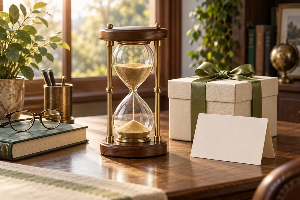 Đồng hồ cát gỗ và đồng bên hộp quà nghỉ hưu