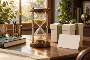 Đồng hồ cát gỗ và đồng bên hộp quà nghỉ hưu
