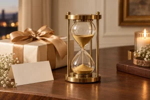 Đồng hồ cát màu vàng bên hộp quà tặng người yêu