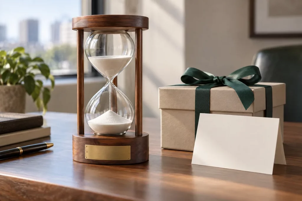 Đồng hồ cát khung gỗ có bảng đồng trống bên hộp quà màu be thắt nơ xanh và thiệp trắng trên bàn