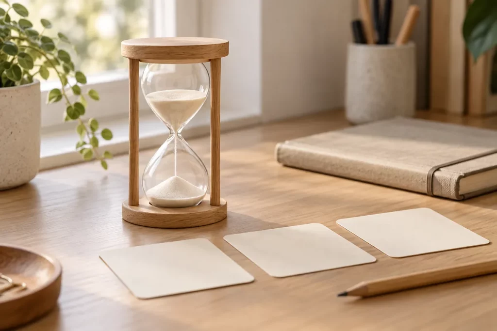 Đồng hồ cát khung gỗ trên bàn cạnh ba thẻ ghi chú trắng, bút chì và sổ dùng để lập kế hoạch