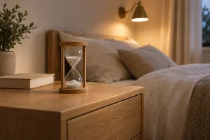 Đồng hồ cát khung gỗ với cát trắng trên tủ đầu giường, cạnh sách và giường vải màu kem dưới ánh đèn ấm