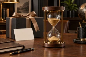 Đồng hồ cát khung gỗ và đồng bên hộp quà tặng chồng