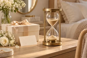 Đồng hồ cát màu vàng bên hộp quà tinh tế tặng vợ