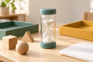 Đồng hồ cát có vỏ trong suốt và hai đầu xanh bên cạnh khối gỗ, khay phân loại màu và giấy trắng trên bàn