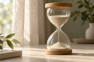 Dòng cát trắng rơi trong đồng hồ cát thủy tinh có đế gỗ, đặt cạnh cửa sổ dưới ánh sáng dịu