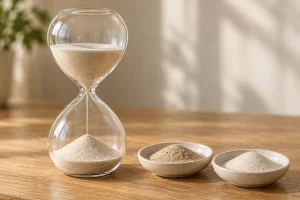 Đồng hồ cát thủy tinh chứa hạt màu kem trên bàn gỗ, cạnh hai đĩa nhỏ đựng vật liệu dạng hạt sáng màu