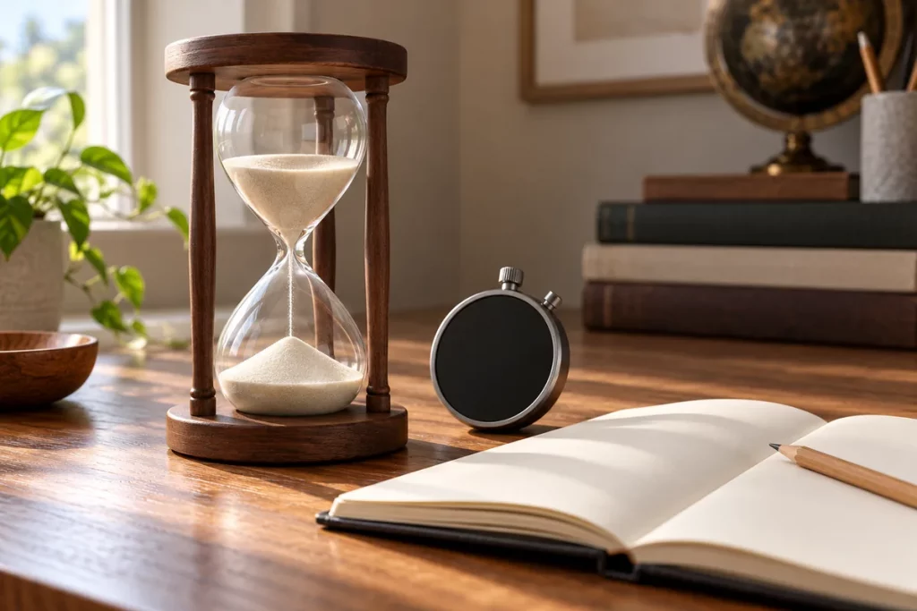 Đồng hồ cát đặt bên đồng hồ bấm giờ có màn hình trống và sổ ghi chép không chữ