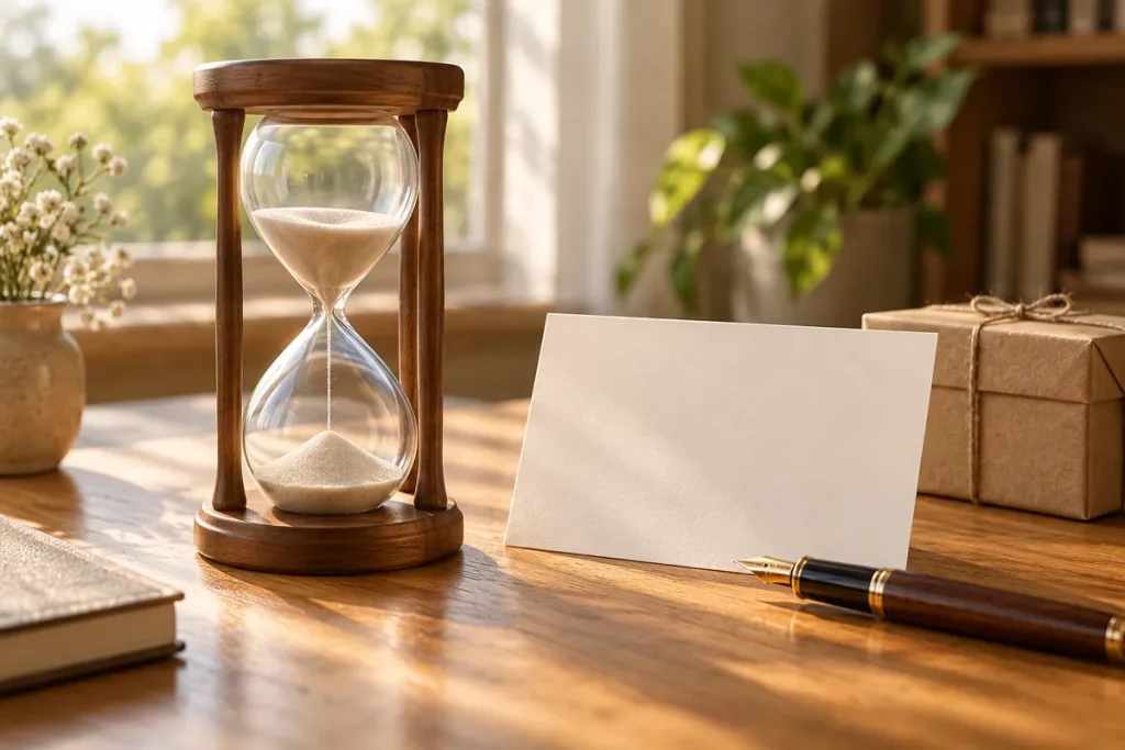 Đồng hồ cát khung gỗ bên tấm thiệp trắng, bút máy và hộp quà trên bàn trong ánh sáng buổi sáng
